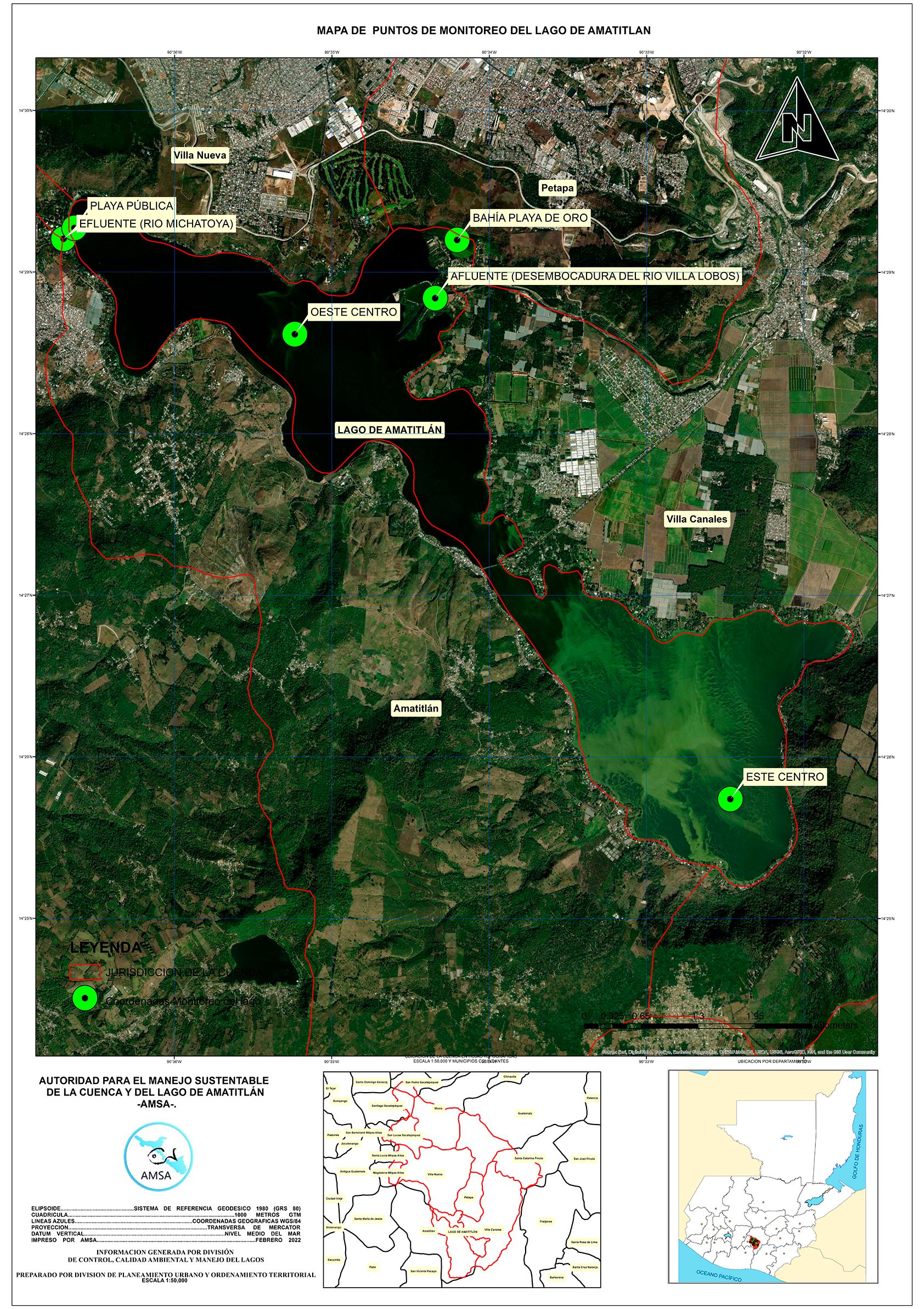 Mapa de puntos de monitoreo en el Lago de Amatitlán