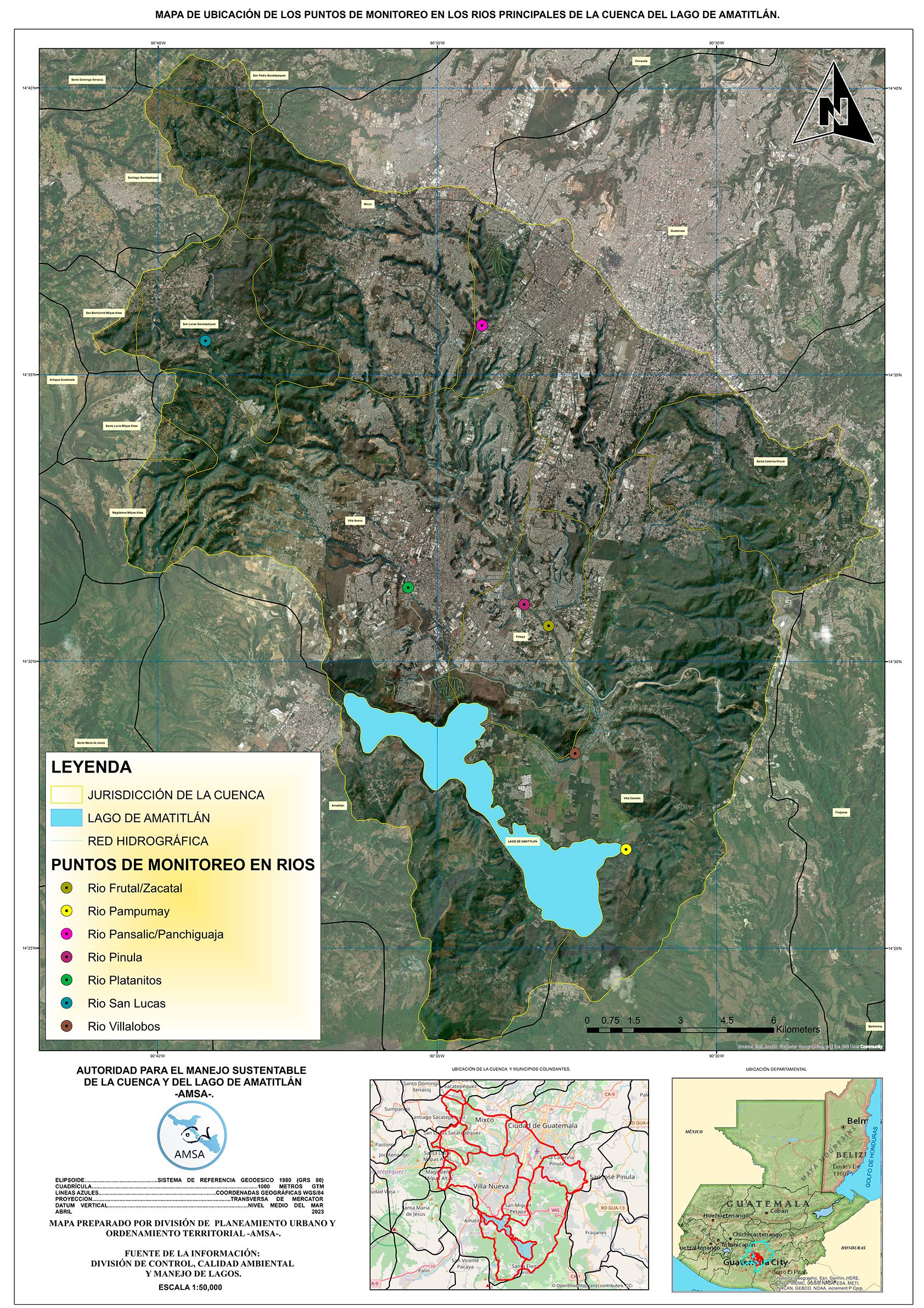 Mapa de puntos de monitoreo en los ríos principales de la Cuenca del Lago de Amatitlán
